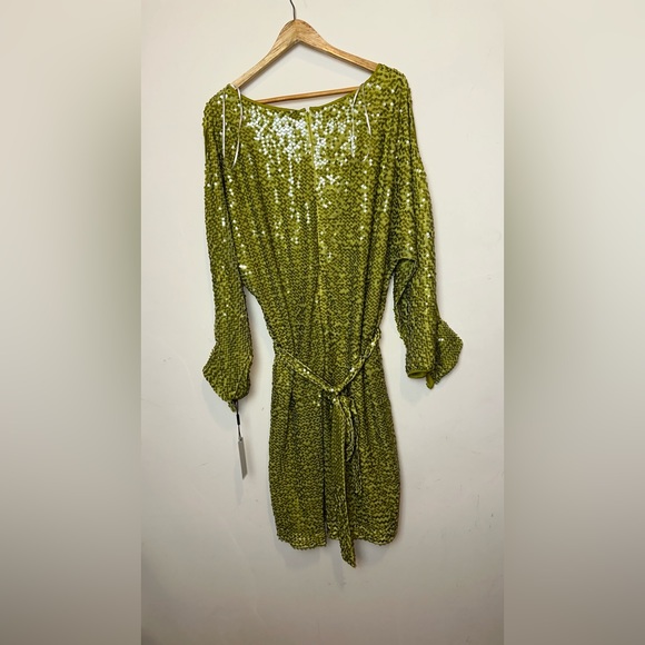 Vicky Tiel Women's Sequin Midi Belted Apple Green Long Sleeve Scoop Neck Size 2X - Picture 5 of 13